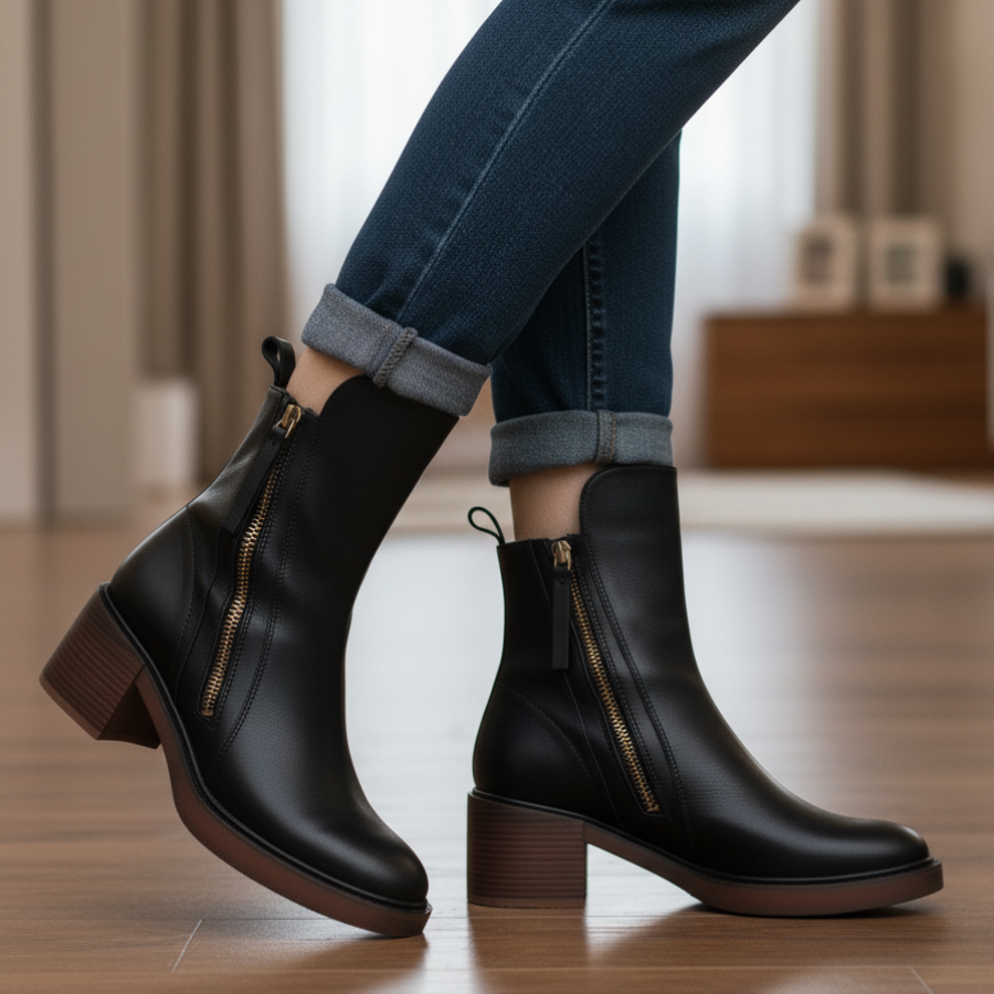 Valorine™ | Botte en cuir noire avec un talon confortable, élégante et intemporelle